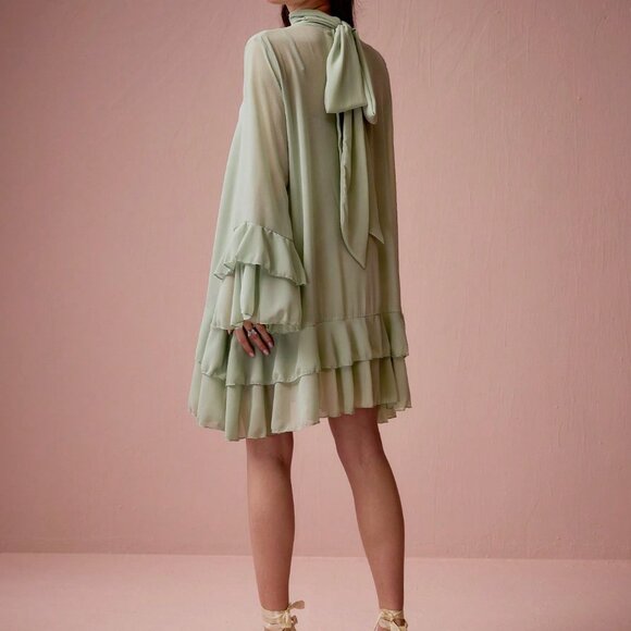 Mint Green Elegant Women's Ruffle Sleeve A-Line Dress - Picture 5 of 6